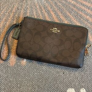Coach Signature Dark Brown Wristlet with Gold and Green Accents